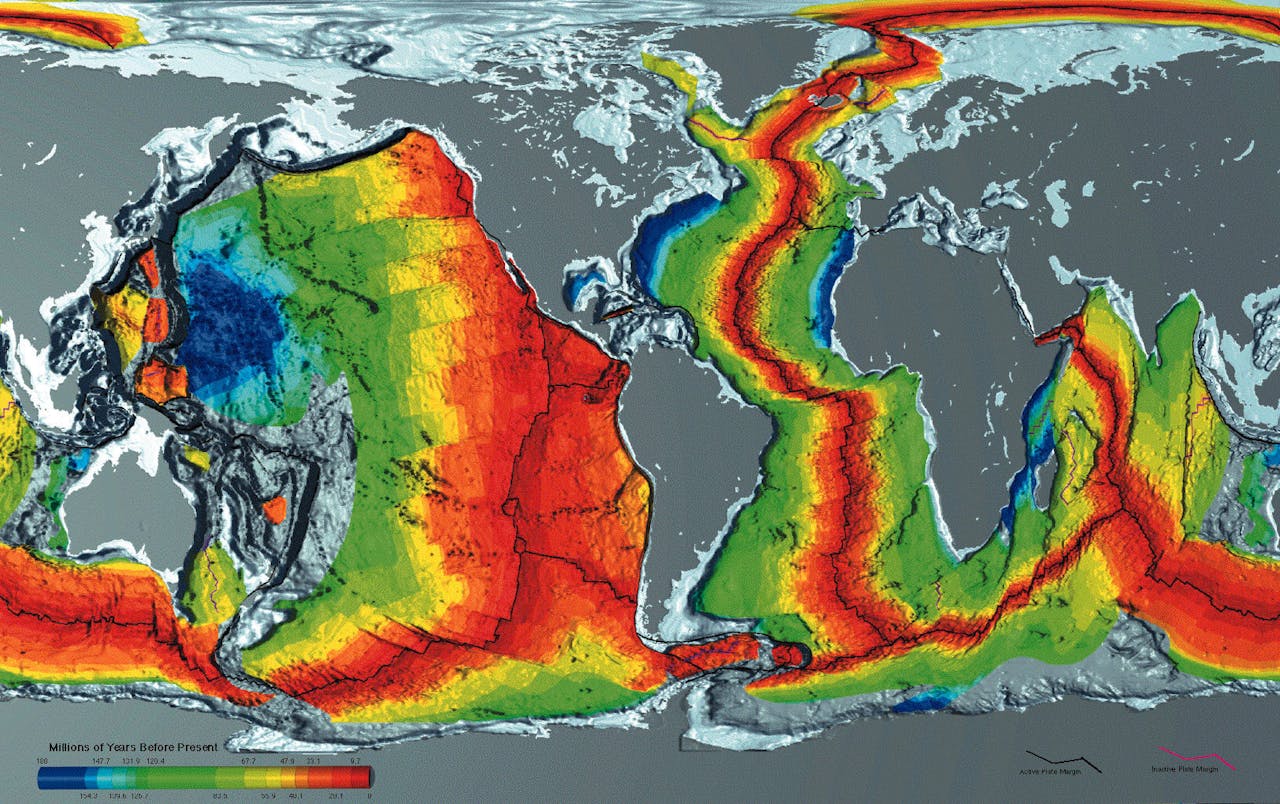 Een kaart van ouderdom van de oceaankorst.