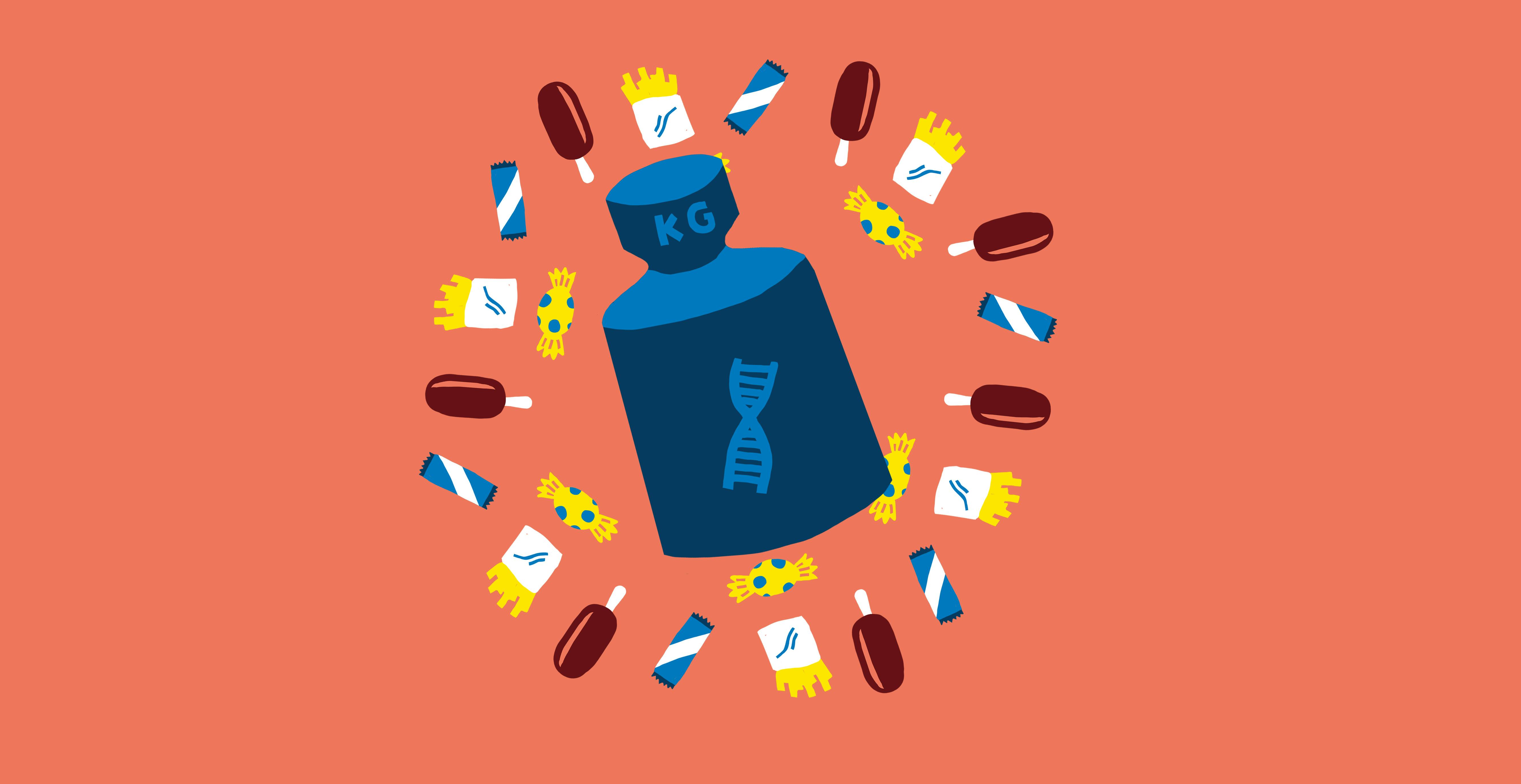 Een illustratie van een gewichtje omringd door pillen.