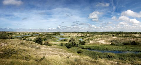 De Amsterdamse Waterleidingduinen vormen het waterwingebied van Amsterdam. Duinzand zuivert hier water uit het Lekkanaal op natuurlijke wijze. Duinlandschap met een blauwe wolkenlucht.
