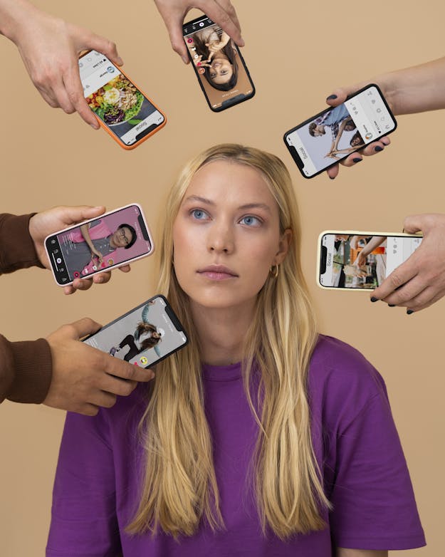 TikTok-video's kunnen gebruikers aan het denken zetten over hun eigen symptomen. Vrouw omringd door mobiele telefoons waarop social media-pagina's zijn te zien.