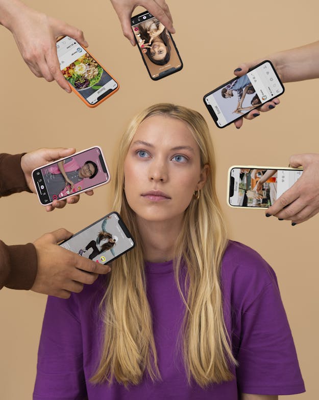 Vrouw omringd door mobiele telefoons waarop social media-pagina's zijn te zien.