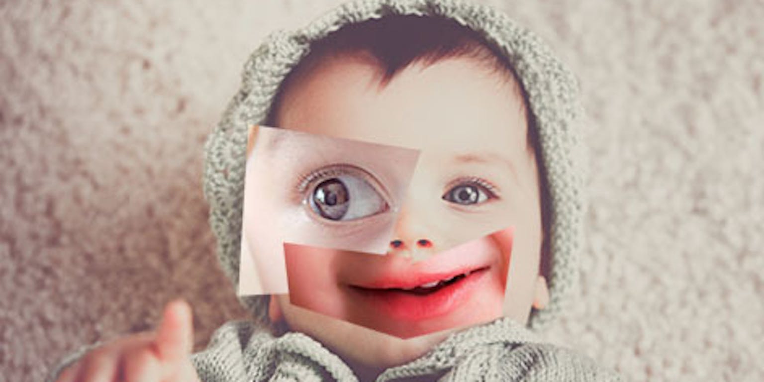 Afbeelding van een baby met twee duidelijk verschillende ogen. Het is een beeld uit de campagne 'Perfect gemaakt' over het aanpassen van ons eigen DNA.