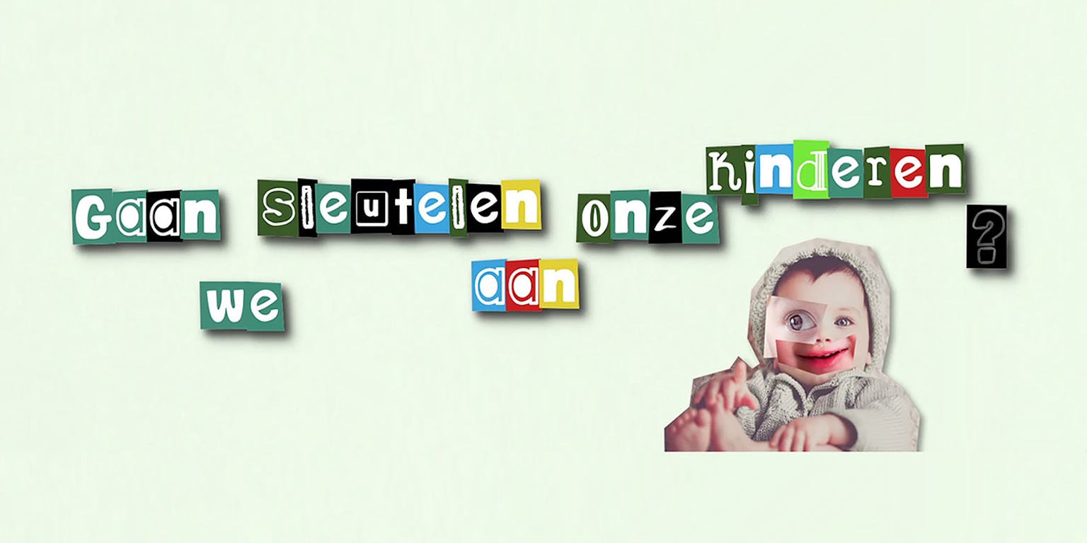 Afbeelding met de tekst 'Gaan we sleutelen aan onze kinderen?'. Deze symboliseert de discussies en dilemma's rondom het aanpassen van ons eigen DNA.
