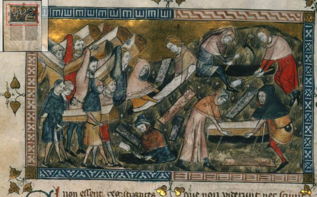 Inwoners van Doornik begraven hun pestslachtoffers, 1349.