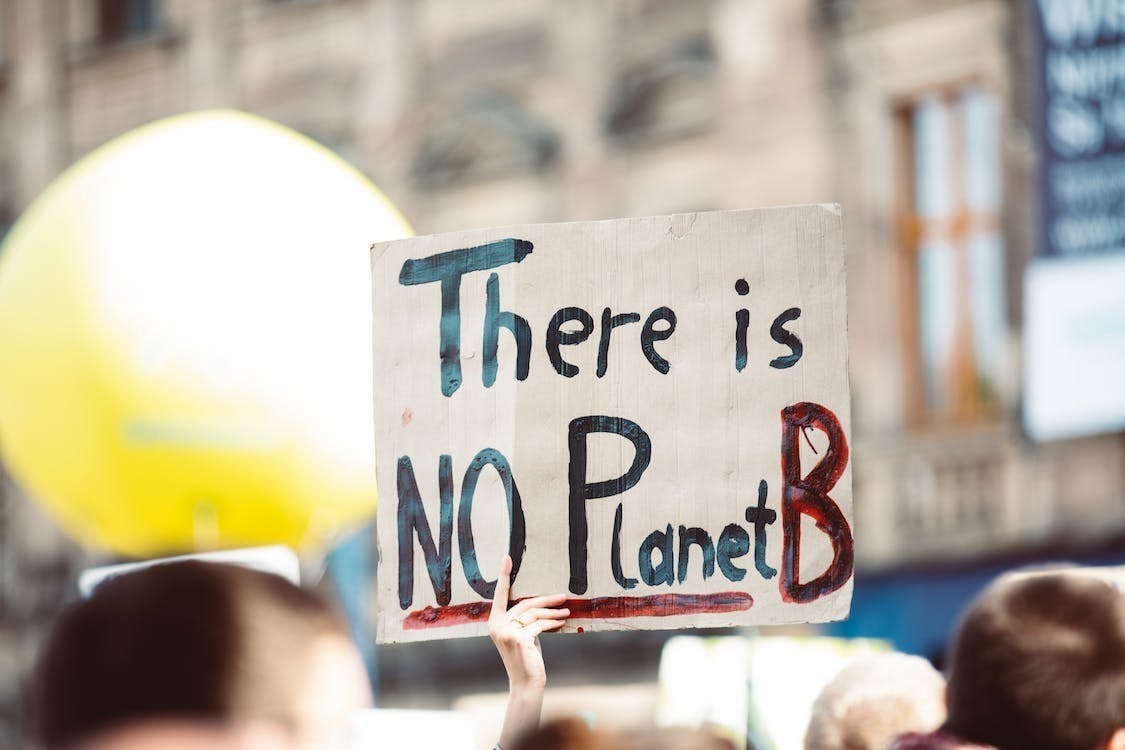 Iemand houdt een bordje omhoog met daarop de tekst 'There is NO Planet B.