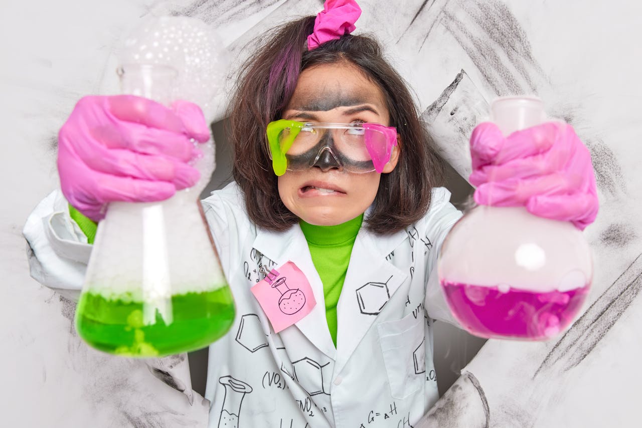 Stel je voor dat jouw experiment mislukt, presenteer je het dan nog trots aan je klas? Jonge vrouw met labjas aan en erlenmeyers met verschillende kleuren vloeistof in haar hand kijkt geschrokken door een mislukt experiment