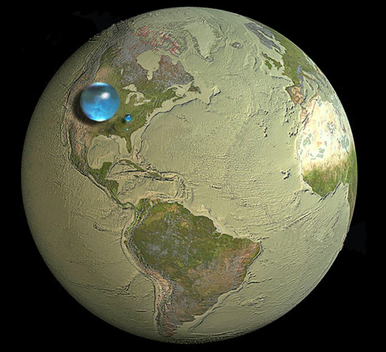 Wanneer je al het water in de oceanen in één bol verzamelt, is dat in vergelijking met de aarde maar een klein bolletje.