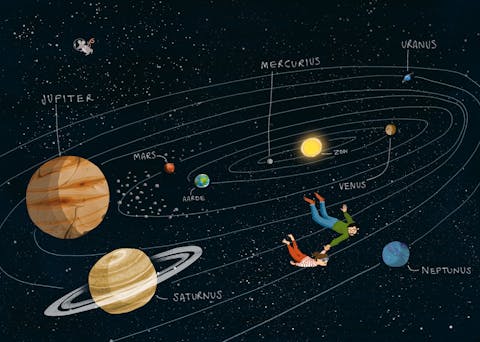 Illustratie uit het boek, waarin Jana en haar vader door ons zonnestelstel vliegen.