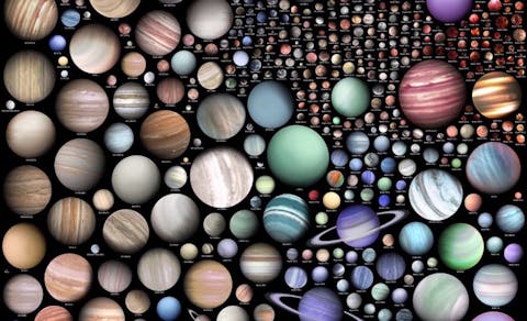 Een greep uit de tot nu toe ontdekte exoplaneten. Het gaat om impressies. Een collage van veel verschillende planeten op een zwarte achtergrond.