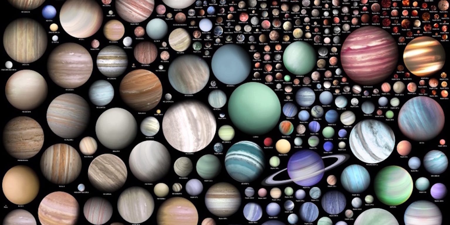 Een collage van veel verschillende planeten op een zwarte achtergrond.