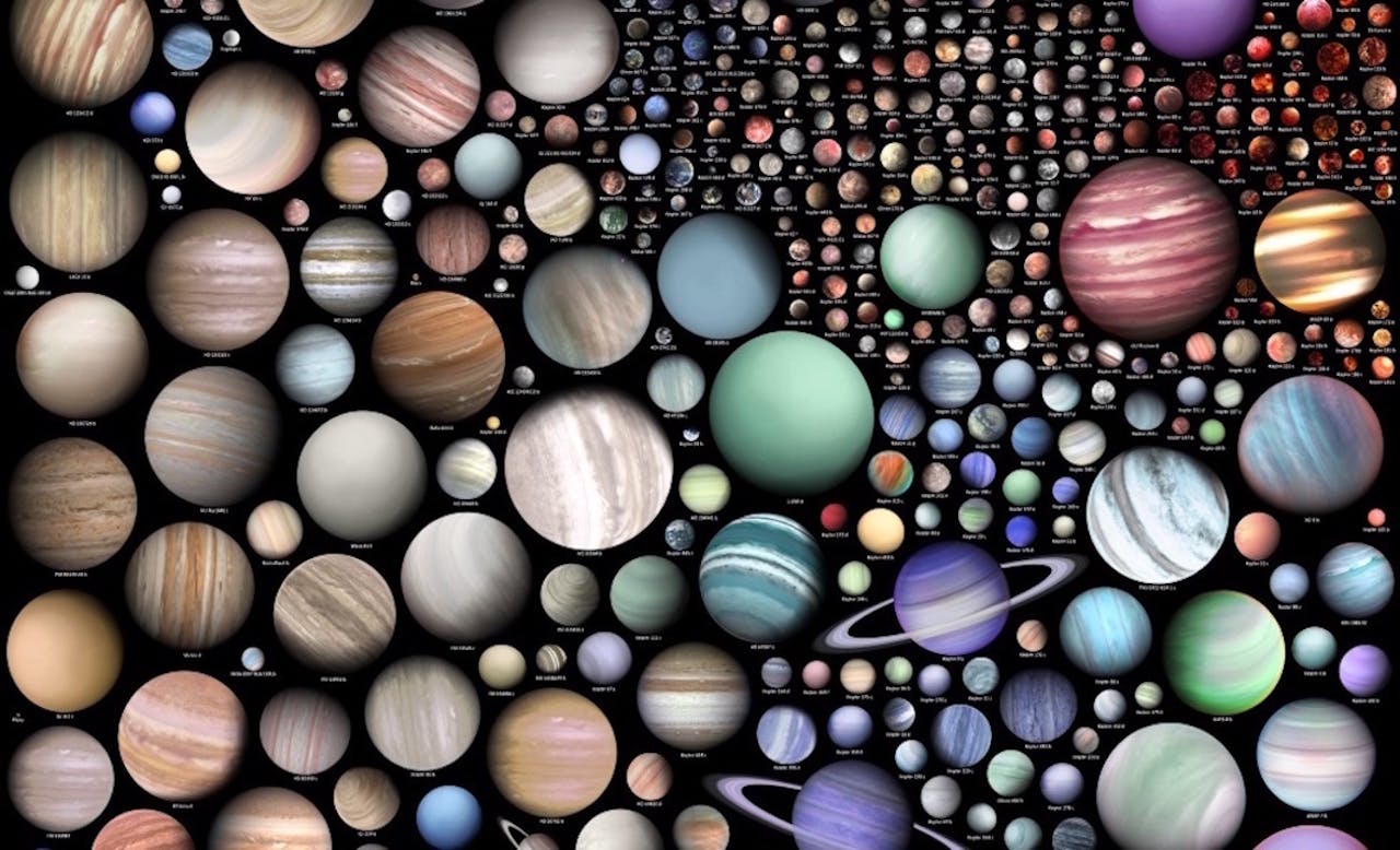 Een collage van veel verschillende planeten op een zwarte achtergrond.