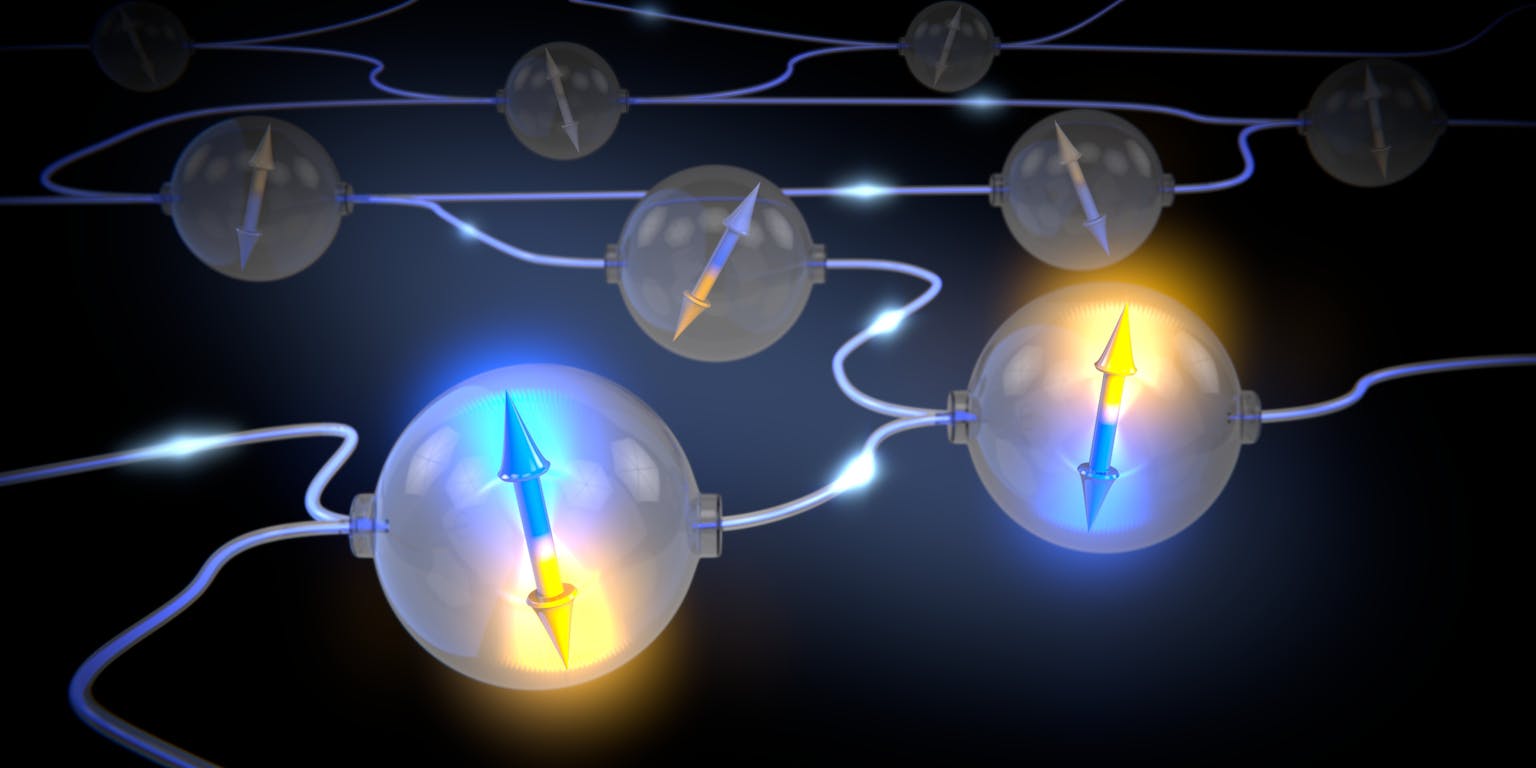 Doorzichtige bollen met daarin een ronddraaiende pijl, die model staan voor qubits, vormen een netwerk.