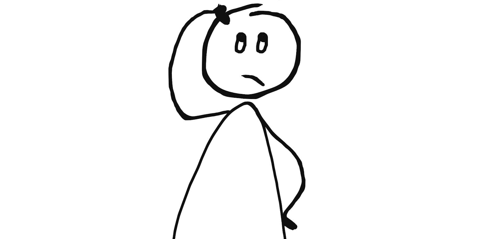 Een figuur met drie vraagtekens boven zijn hoofd.