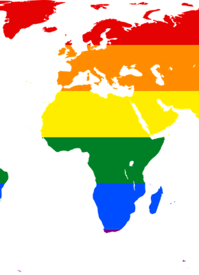 Een wereldkaart met een regenboogvlag erop.