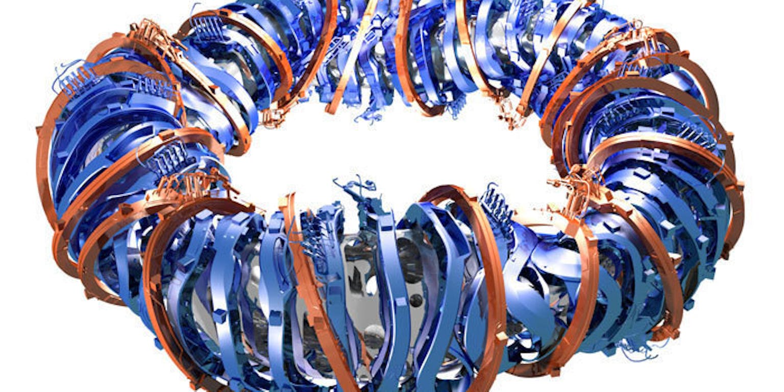 Een reactor van blauwe en koperdraden.