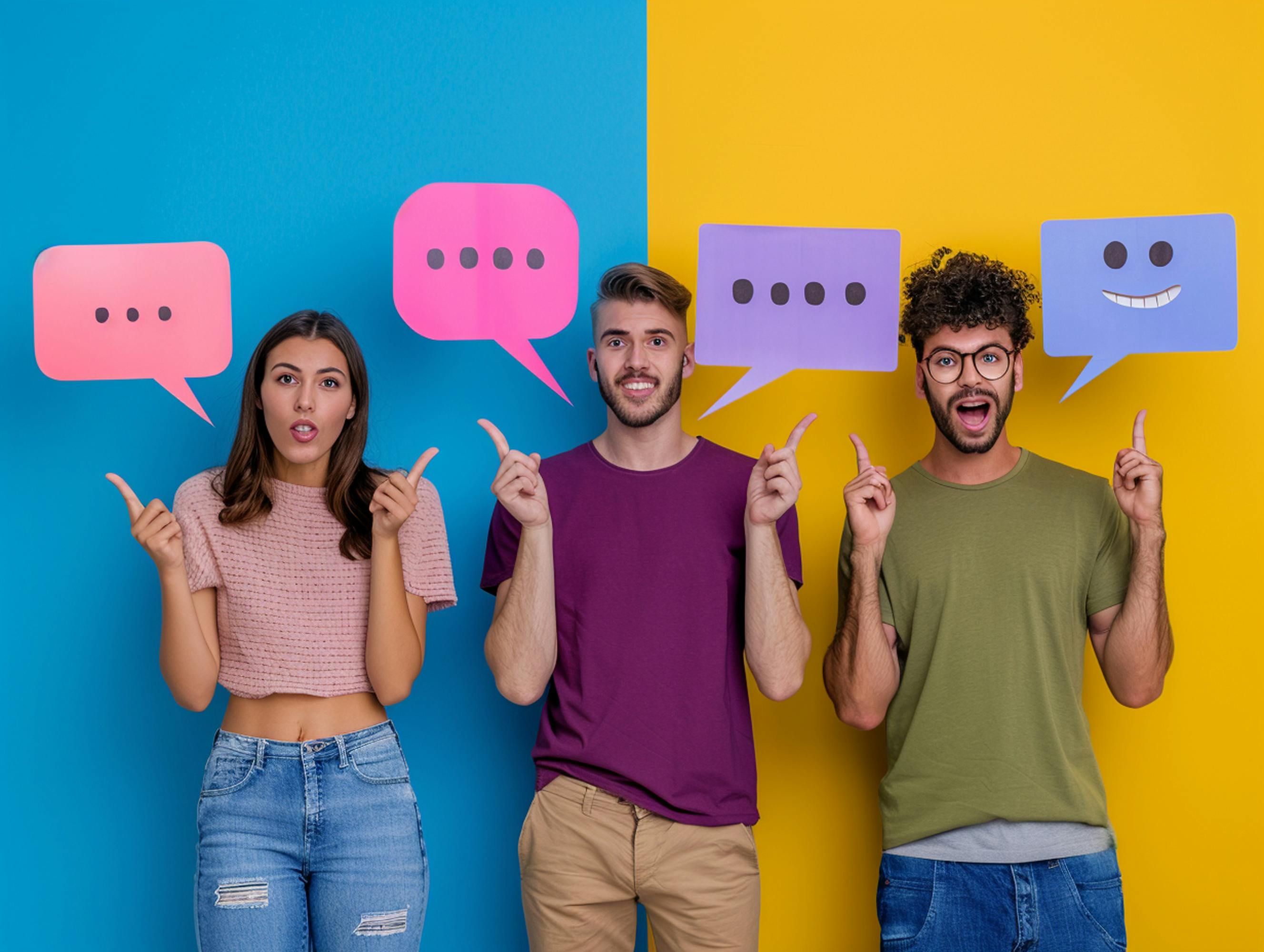 drie jongeren, links de vrouw, in het midden en rechts de twee mannen met gekleurde spraakballonnetjes met puntjes van papier boven hun hoofden