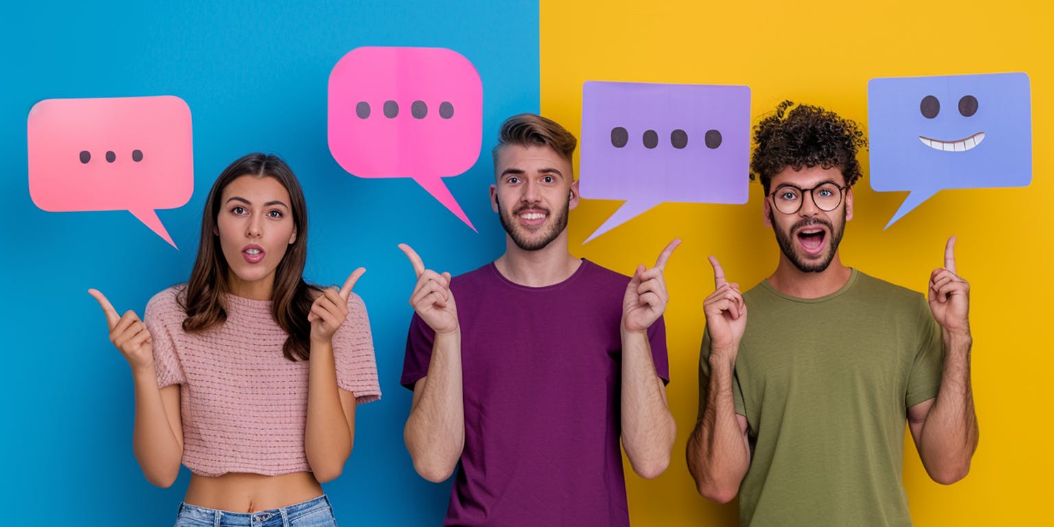 drie jongeren, links de vrouw, in het midden en rechts de twee mannen met gekleurde spraakballonnetjes met puntjes van papier boven hun hoofden