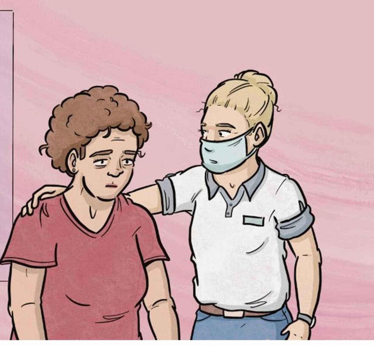 Een cartoon van een vrouw die praat met een vrouw die een gezichtsmasker draagt.