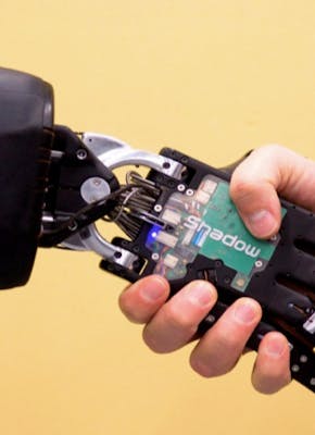 Een robothand wordt vastgehouden door een persoon.
