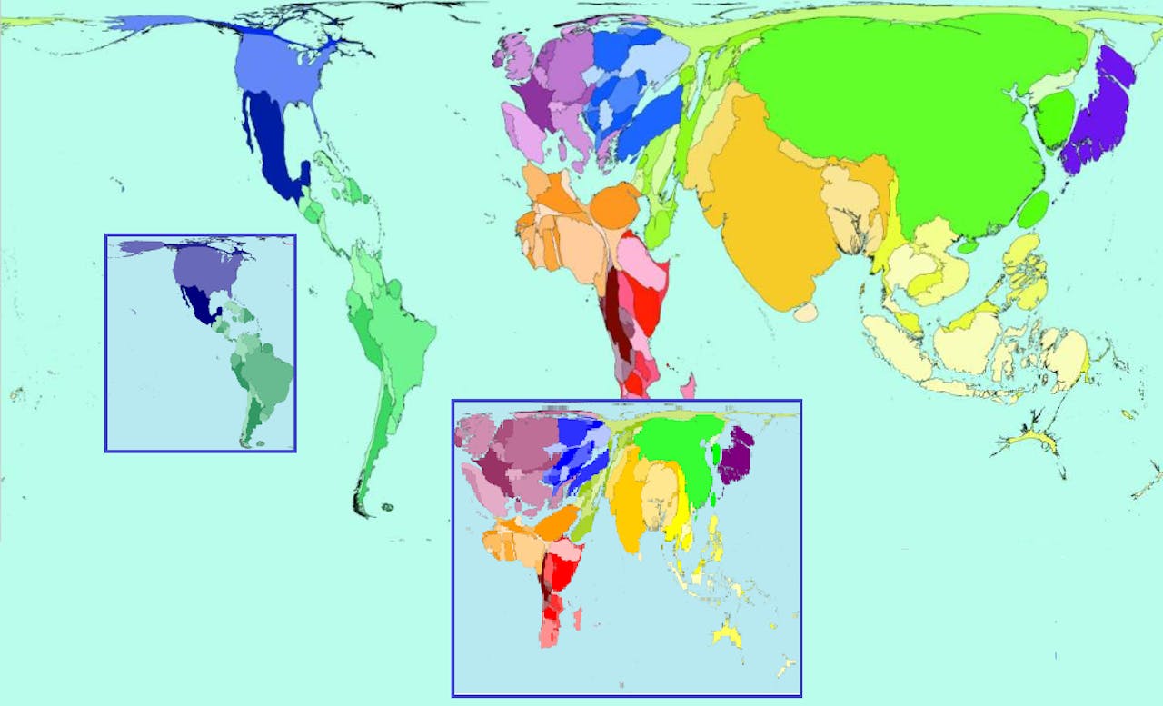 In dit cartogram komt de oppervlakte van landen overeen met het aantal rokers in dat land. De grote kaart toont de mannelijke rokers, de inzetjes tonen de vrouwelijke rokers. Bijvoorbeeld: in Nederland en overige Westerse landen roken ongeveer evenveel vrouwen als mannen. In China, India en Indonesië roken veel minder vrouwen dan mannen. In grote delen van Azië geldt roken voor een vrouw nu nog als een teken van zedeloosheid. Het risico bestaat, dat deze vrouwen door toenemende westerse invloeden net zo veel zullen gaan roken als mannen.