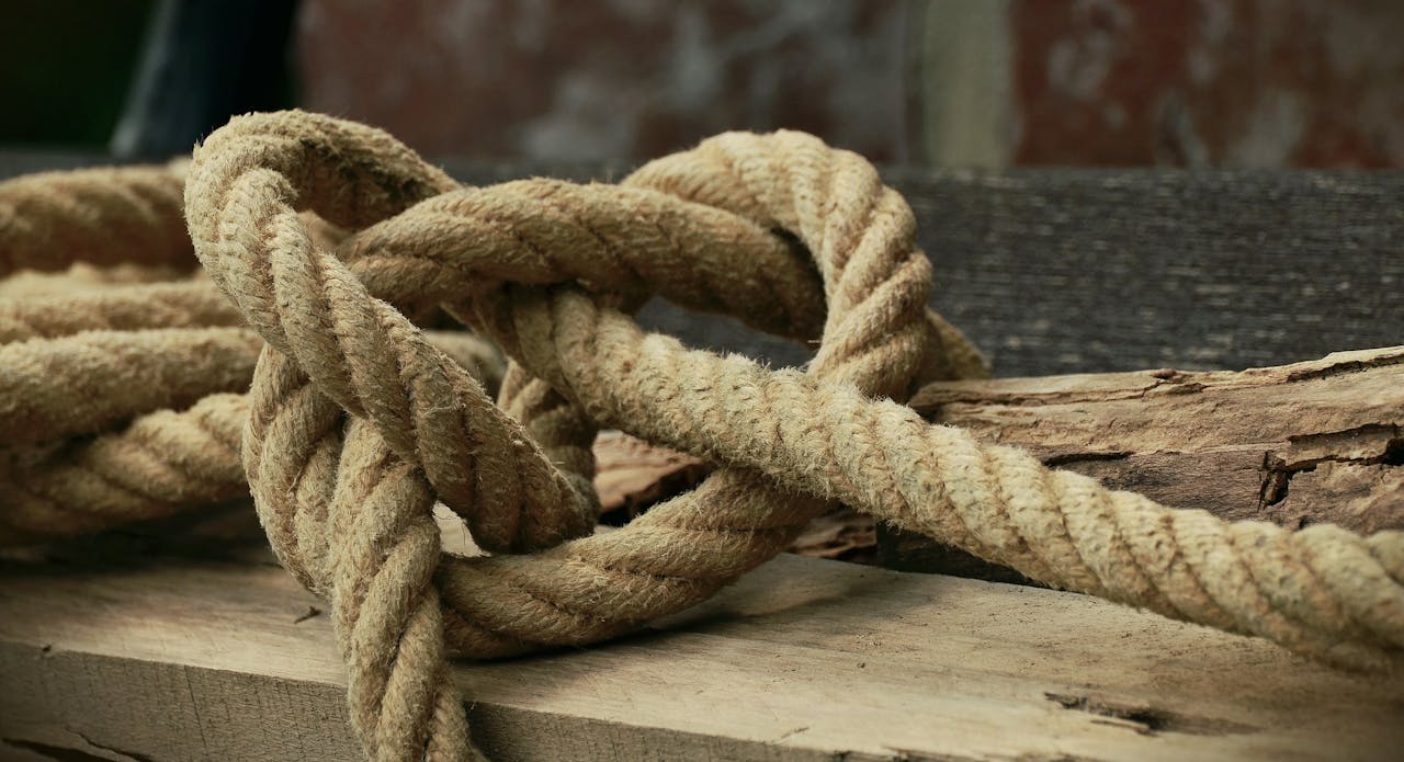 Op een stuk hout ligt een geknoopt touw.