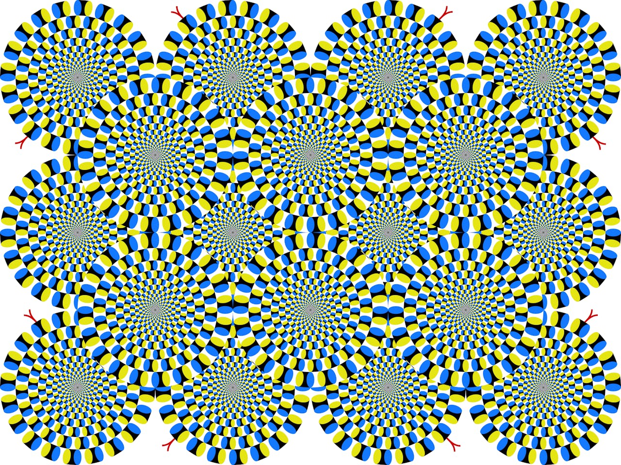 Een optische illusie met blauwe en gele cirkels.