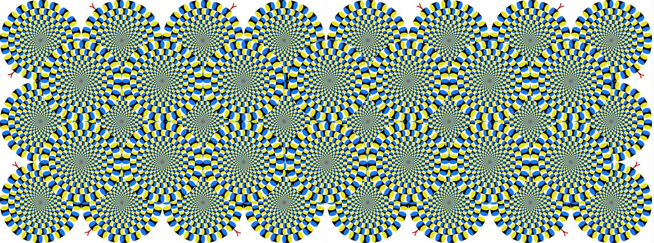 Een optische illusie met een geel en blauw patroon.