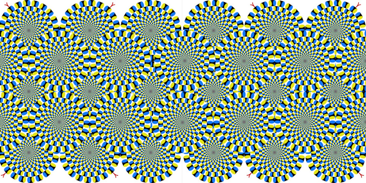 Een optische illusie met een geel en blauw patroon.