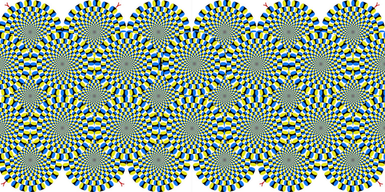 Een optische illusie met een geel en blauw patroon.