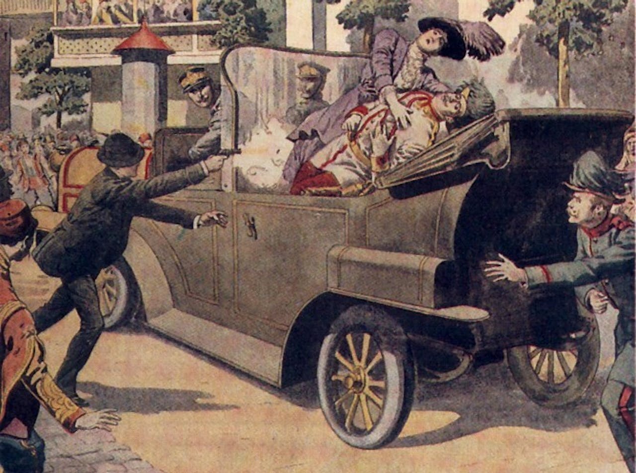 Schilderij uit 1920 van de moord op de Oostenrijks-Hongaarse troonopvolger Franz Ferdinand, 28 juni 1914 in Sarajevo.