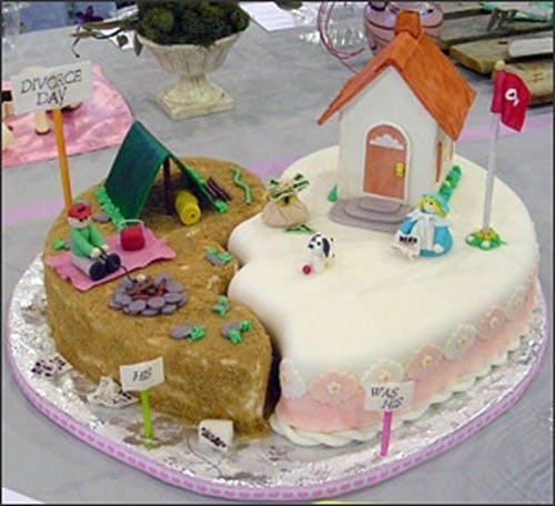 Een gebroken hartvormige taart. De scheiding is te herkennen door het gebruik van twee verschillende kleuren. Op de taart staat een huis, een tent en twee figuren.