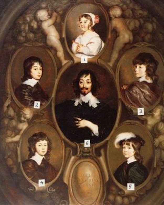 De familie Huygens op een schilderij van Adriaan Hanneman uit 1640. In het midden vader Constantijn Huygens, omringd door zijn vijf kinderen. Het jongste kind Suzanne staat bovenaan (1). Verder zijn Christiaan (2), Constantijn (3), Philips (4) en Lodewijk (5) afgebeeld.