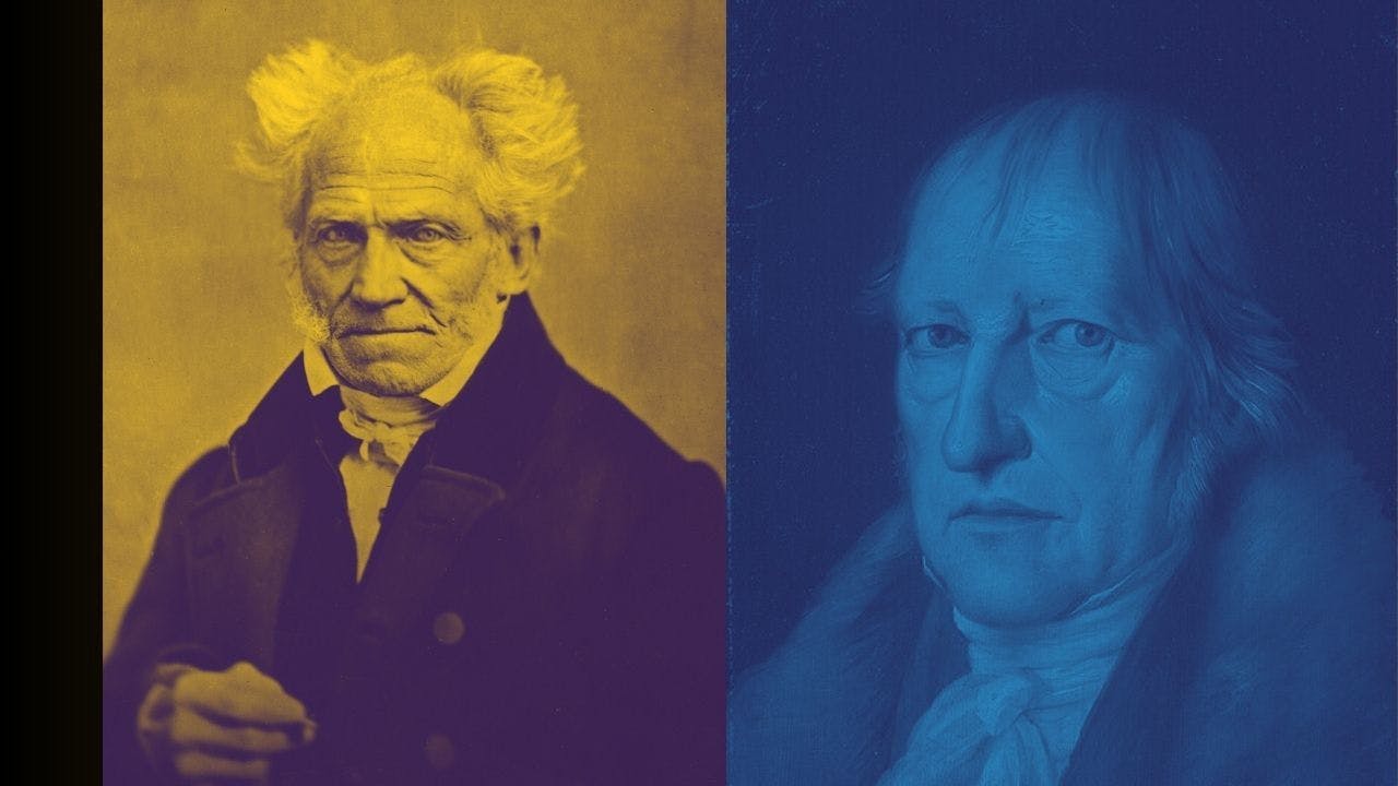 portret Schopenhauer links, portret Hegel rechts