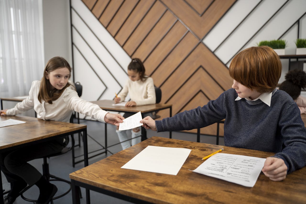 Scholier deel spiekbriefje of idee met klasgenoot