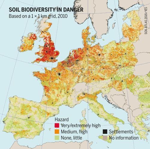 Een kaart van Europa waarop is aangegeven waar de bio diversiteit in gevaar is.