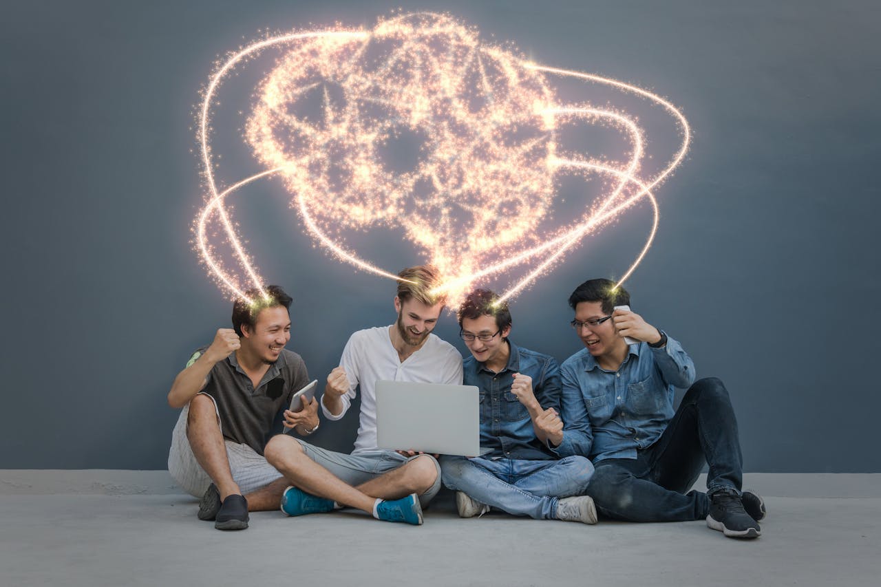 Wat kan de wereld doen voor jouw data? data in de vorm van een wereldbol verschijnt boven groep jonge mannen
