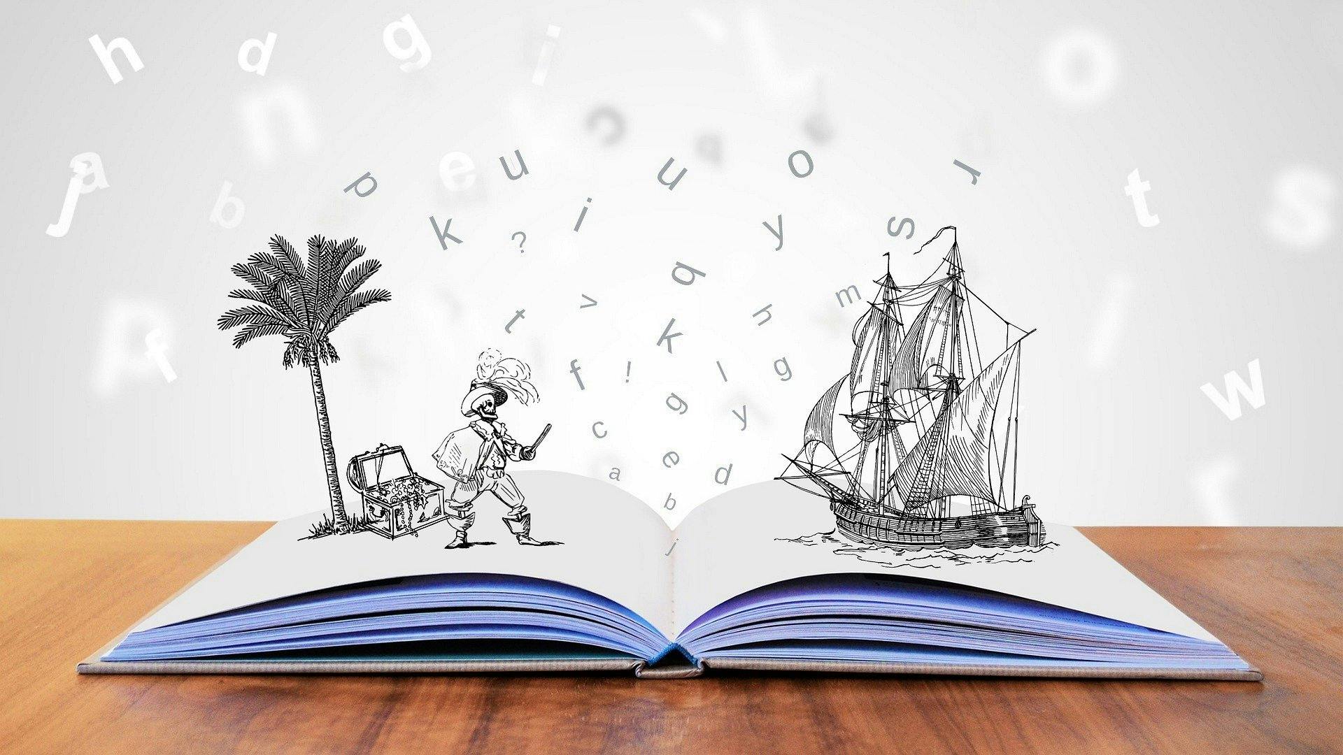 Een opengeslagen boek met een tekening van een piraat, een schip en dansende letters.