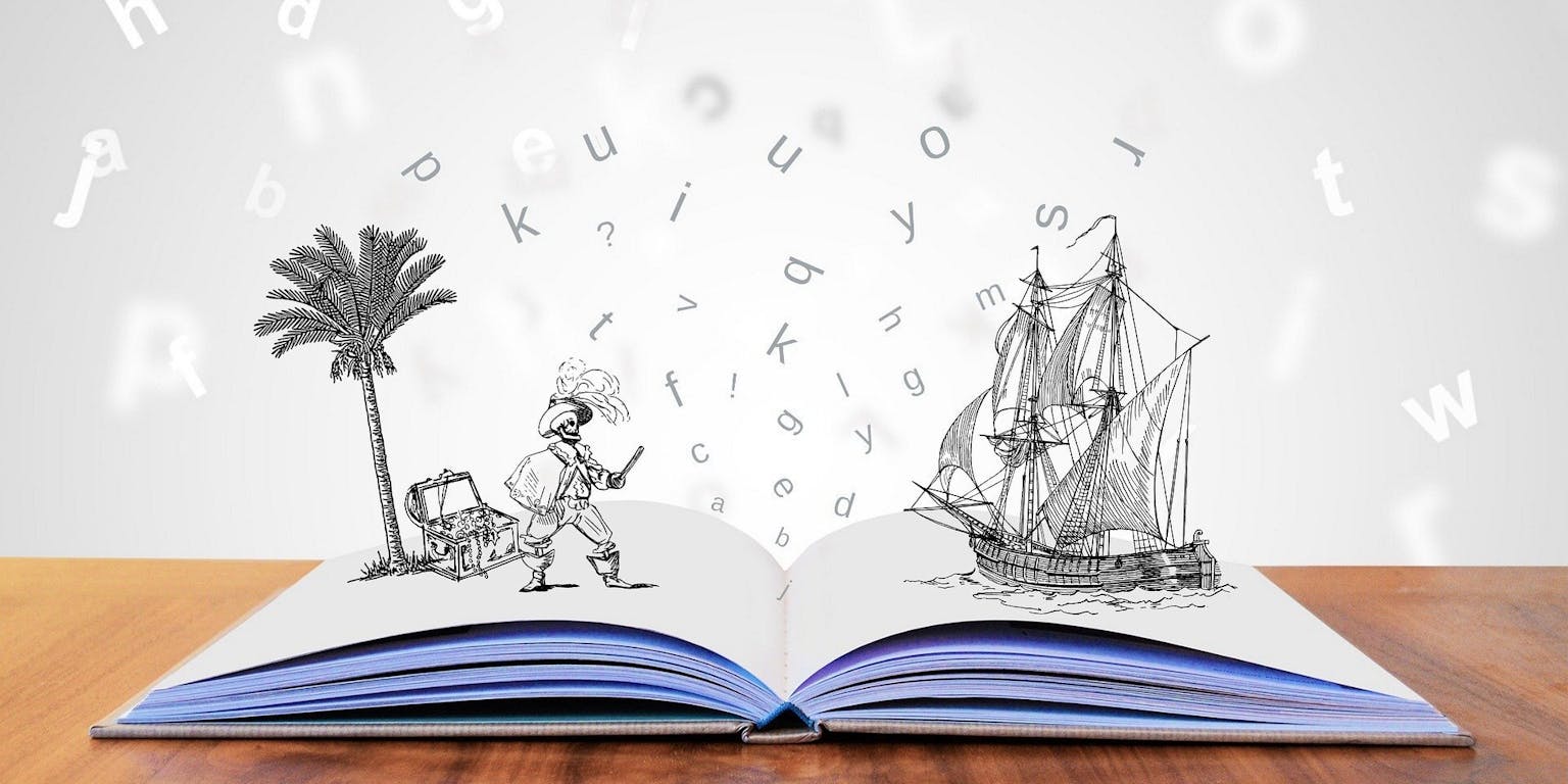 Een opengeslagen boek met een tekening van een piraat, een schip en dansende letters.