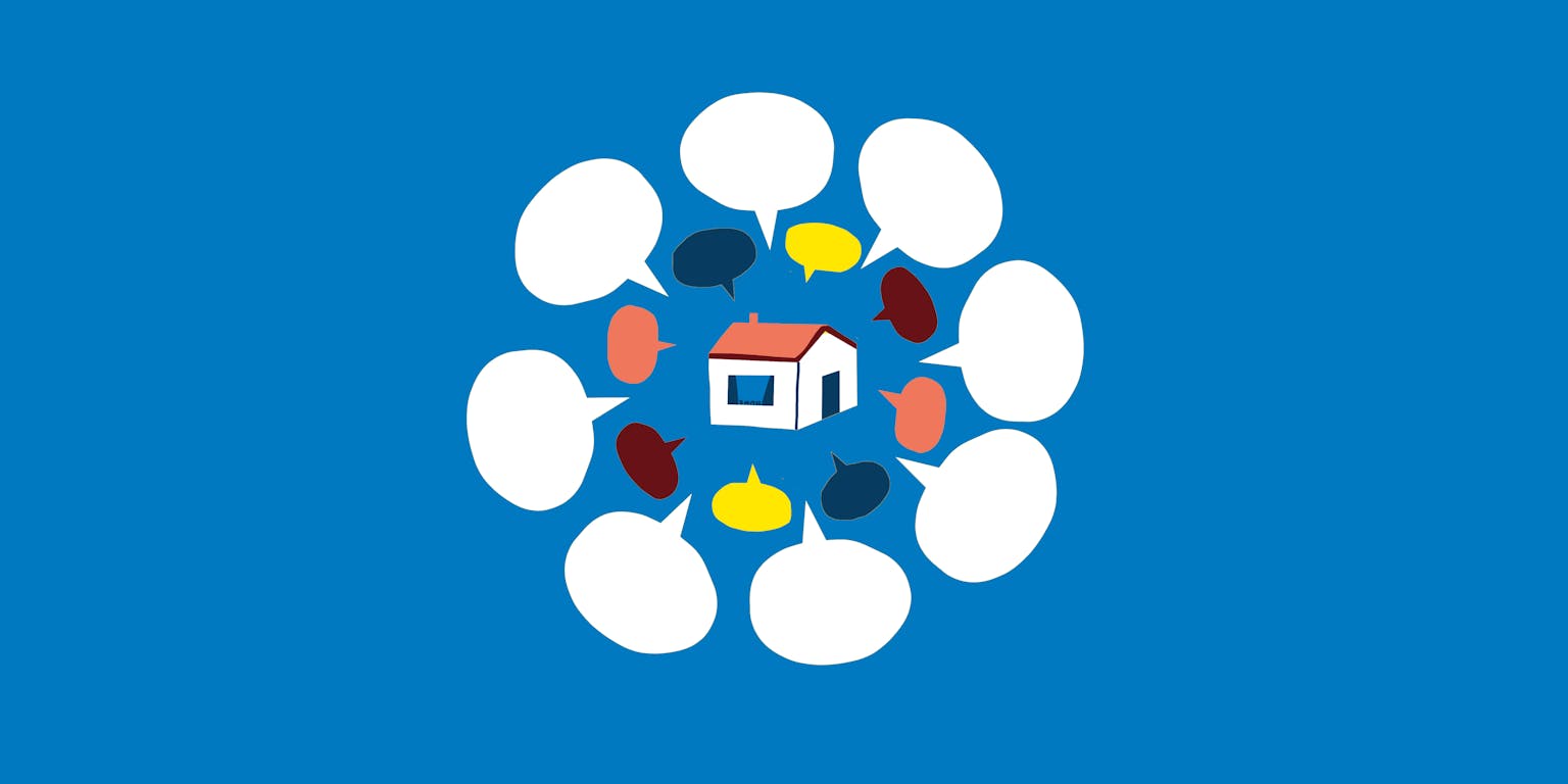 Een illustratie van een huis met tekstballonnen eromheen op een blauwe achtergrond.