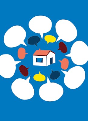 Een illustratie van een huis met tekstballonnen eromheen op een blauwe achtergrond.
