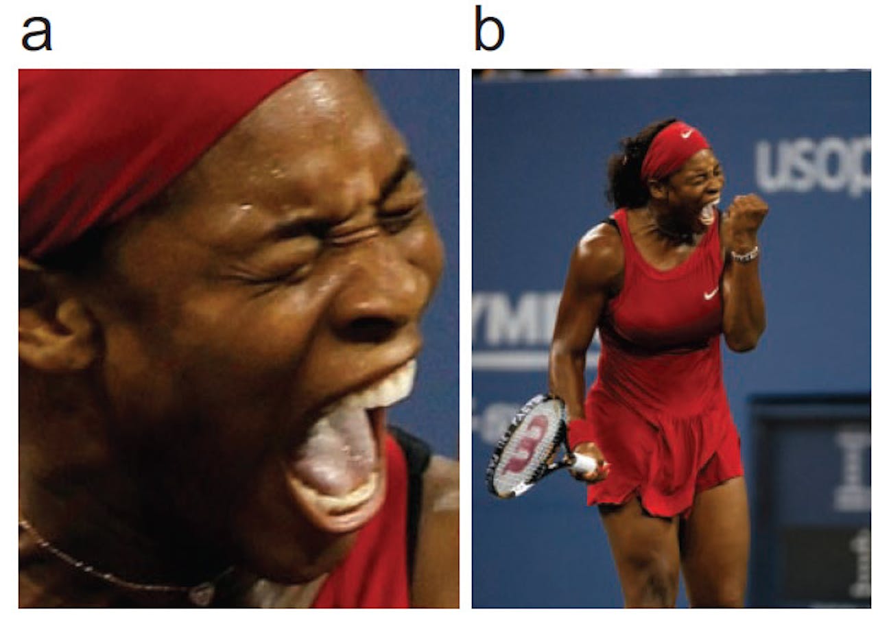 Twee foto's van een tennisser met haar mond open.