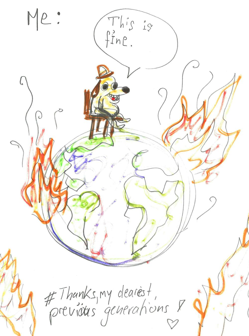 Een tekening van een bezoeker van de tentoonstelling 'Energy Junkies'. Te zien is de brandende aarde waarvoor de vorige generaties 'bedankt' worden.