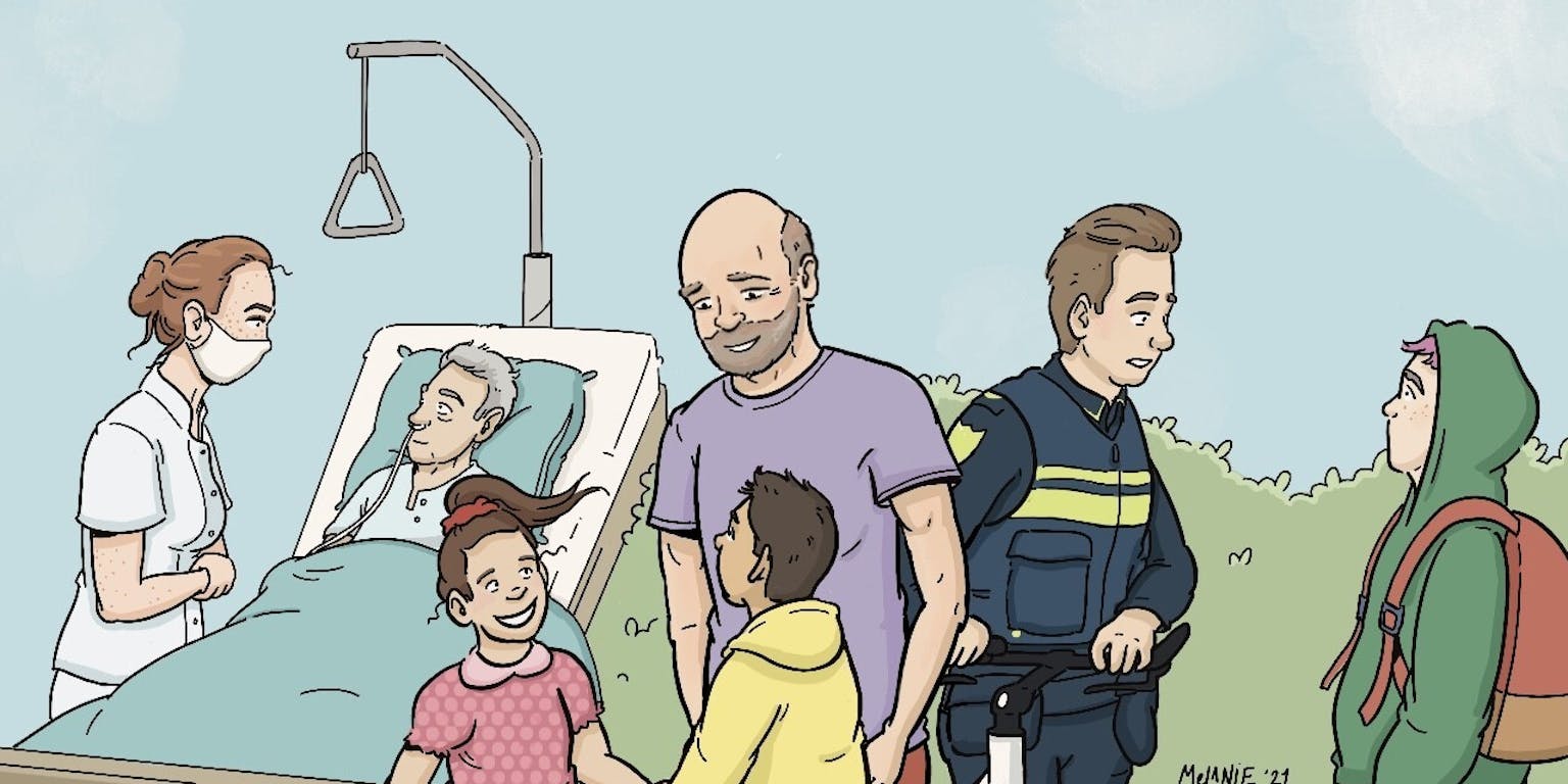 Een compilatie cartoon van een patiënt in een ziekenhuisbed en een arts, een blij gezin in de buitenlucht en een politieagent die in gesprek is met een persoon.