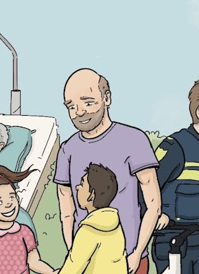 Een compilatie cartoon van een patiënt in een ziekenhuisbed en een arts, een blij gezin in de buitenlucht en een politieagent die in gesprek is met een persoon.
