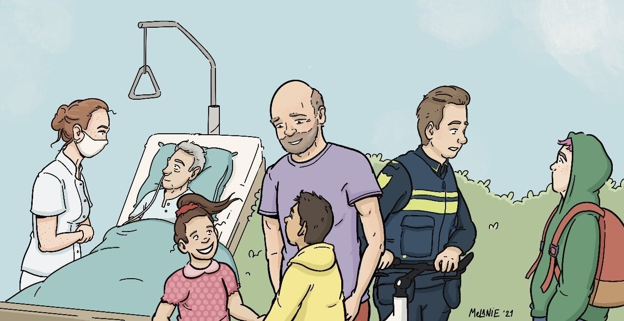 Een compilatie cartoon van een patiënt in een ziekenhuisbed en een arts, een blij gezin in de buitenlucht en een politieagent die in gesprek is met een persoon.