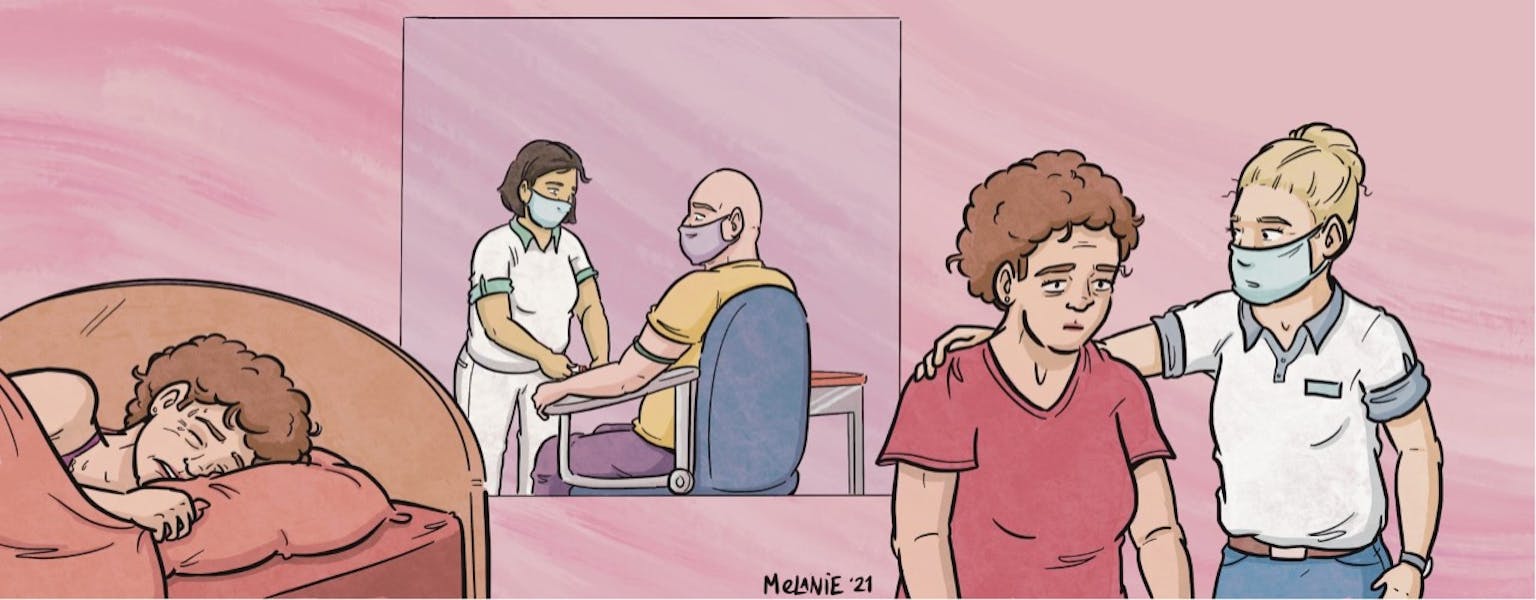 Een cartoon van twee artsen die allebei met een patiënt bezig zijn.
