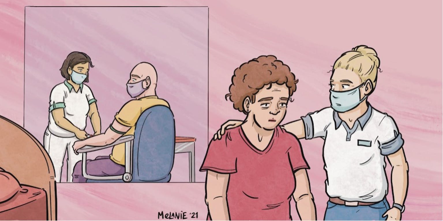 Een cartoon van twee artsen die allebei met een patiënt bezig zijn.