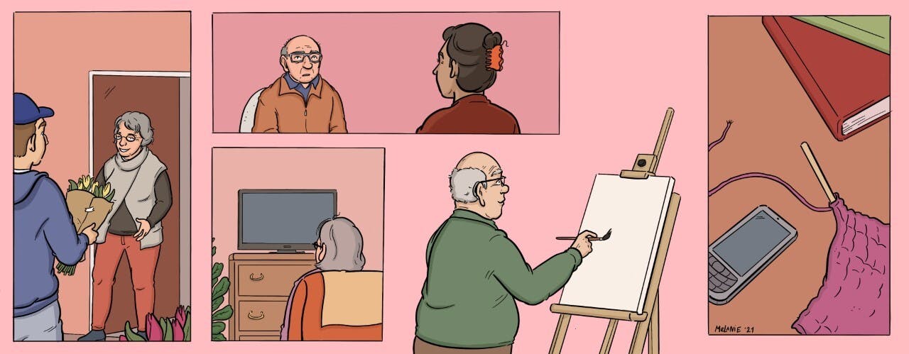 Een cartoon van een oude man die op een schildersezel tekent.