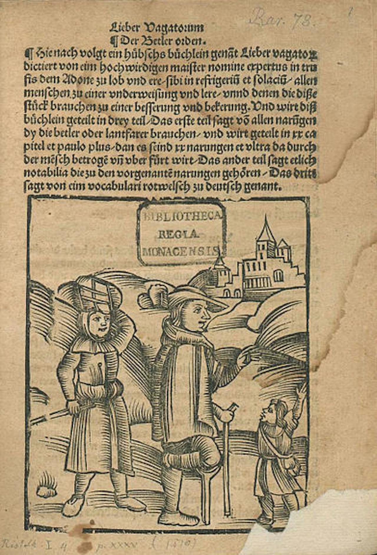 Een blad uit het boek Liber Vagatorum. Er is tekst te zien en een afbeelding van een bedelaarsfamilie die op weg is naar de stad.
