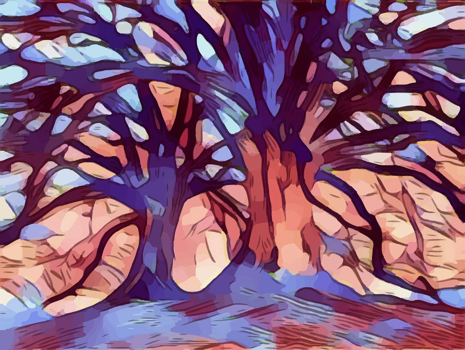 Een abstract schilderij van twee bomen.